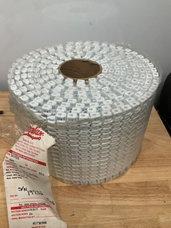 Intralox Series 2400 Radius Acetal White Conveyor Belt 19.63’L x 8”W