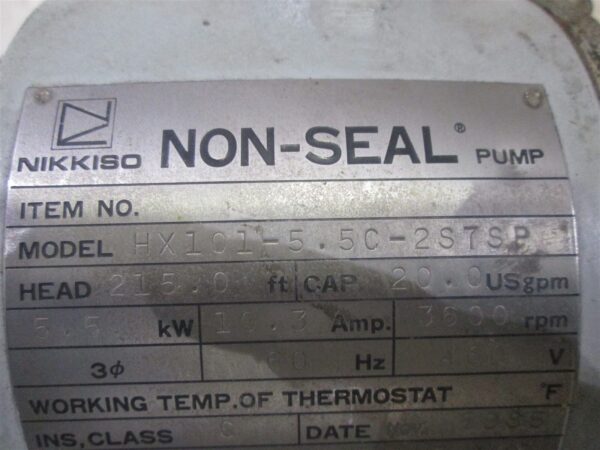 Nikkiso Non-Seal Pump HX101-5.5C-267SP 460V 3600 RPM 5.5kW Canned Motor