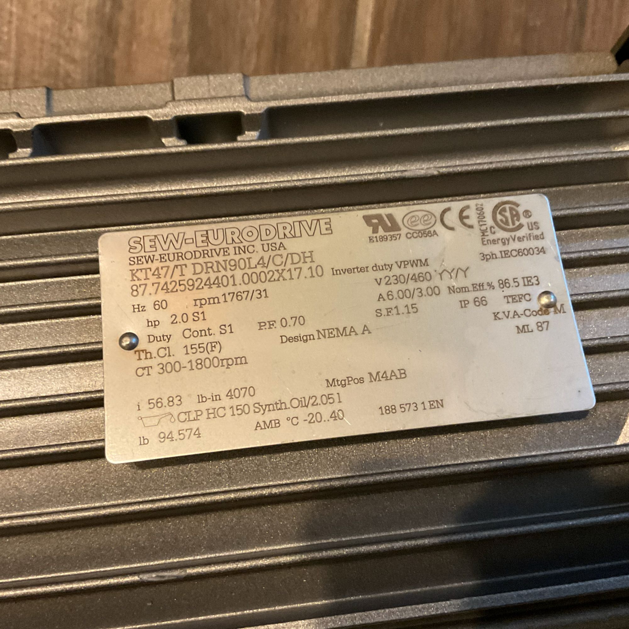 Sew-Eurodrive KT47/T DRN90L4/C/DH Gearmotor nameplate